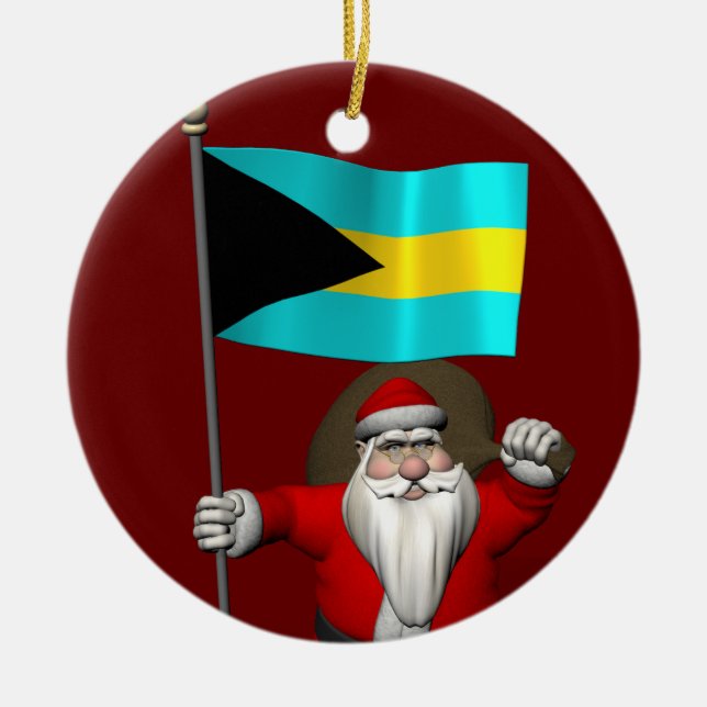 Jultomten med Flagga Bahamas Julgransprydnad Keramik (Framsidan)