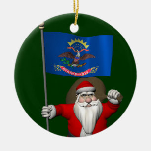Jultomten med Flagga i North Dakota Julgransprydnad Keramik