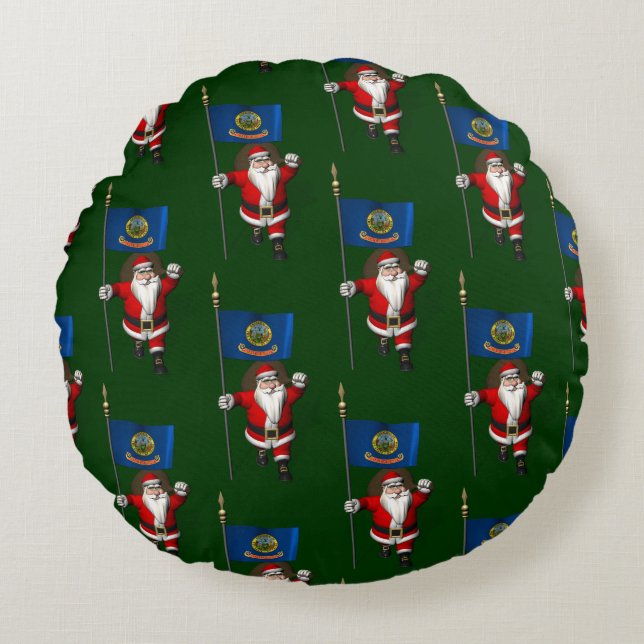 Jultomten med Flagga Idaho Rund Kudde (Framsidan)