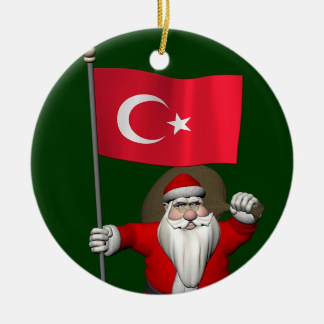 Jultomten med Flagga Turkiet Julgransprydnad Keramik (Framsidan)