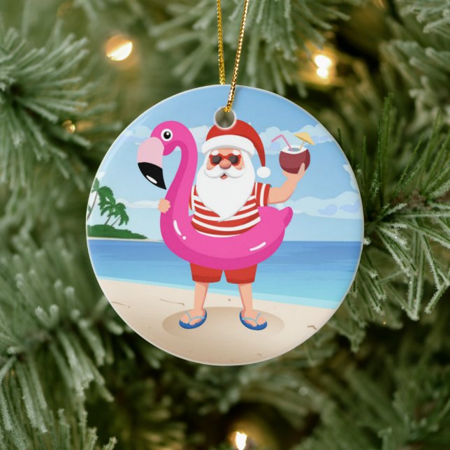 Jultomten med flamingo uppblåsbart ring julgransprydnad keramik (Träd)