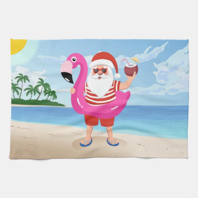 Jultomten med flamingo uppblåsbart ring kökshandduk (Horisontell)
