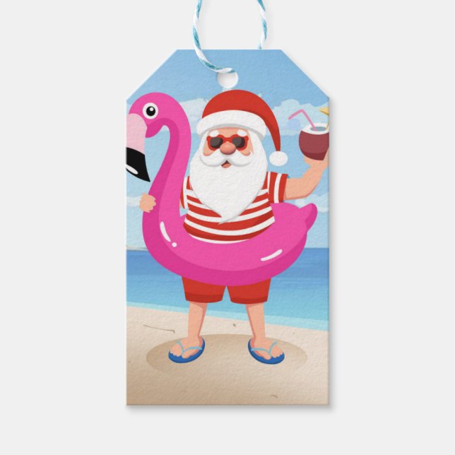 Jultomten med flamingo uppblåsbart ring presentetikett (Framsidan)