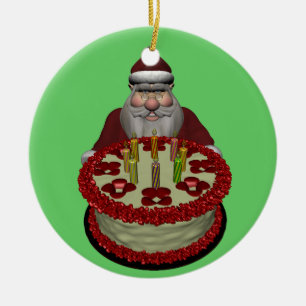 Jultomten med födelsedagskummel julgransprydnad keramik