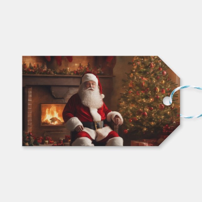 Jultomten med Julgran & Fireplace Presentetikett (Framsidan (Horisontell))