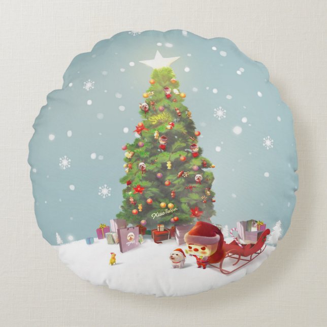 Jultomten med Julgran Rund Kudde (Framsidan)