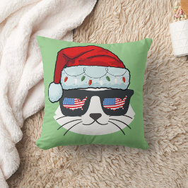 Jultomten med Kat Ansikte USA flagga Spets Kudde