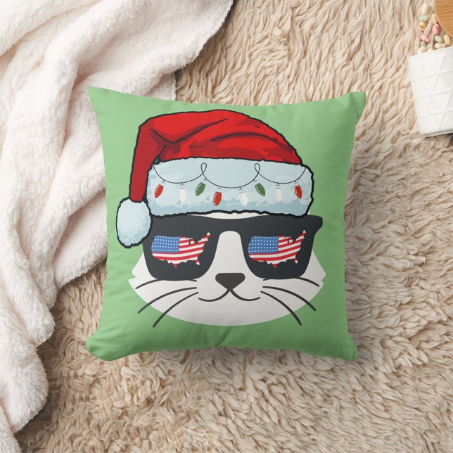 Jultomten med Kat Ansikte USA flagga Spets Kudde (Skapare uppladdad)