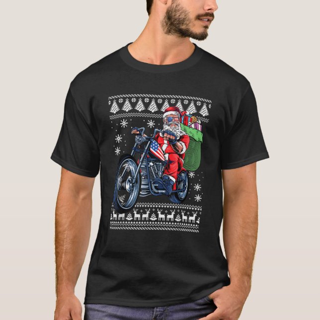 Jultomten med motorcykel Julafton Träd uggla Chris T Shirt (Framsida)