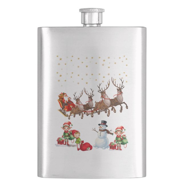 Jultomten med renar som drar i sömnen fickplunta (Framsidan)
