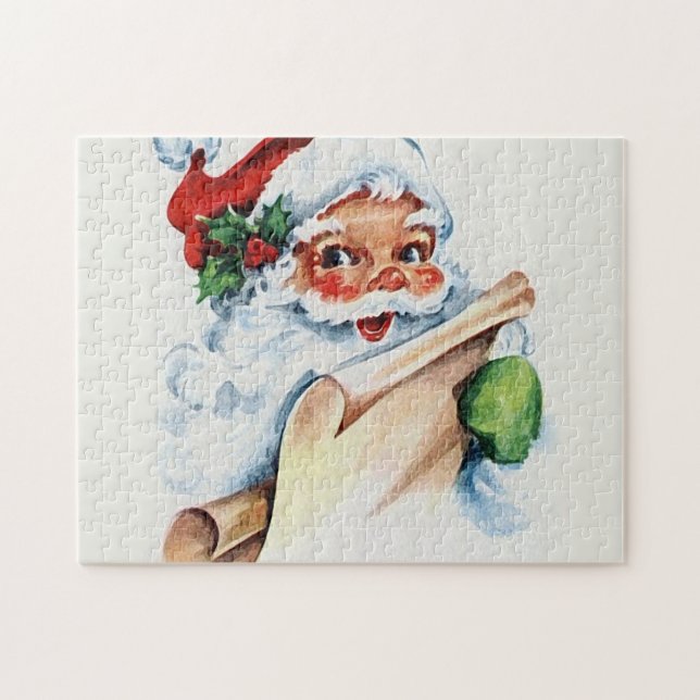 Jultomten med sin rulla på jullistan pussel (Horisontell)