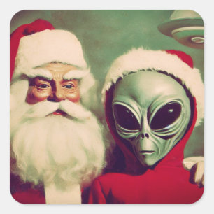 Jultomten med Space Alien UFO-jul Fyrkantigt Klistermärke