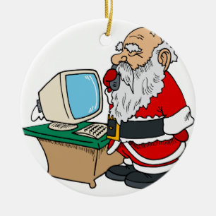 jultomten med telefonen och datoren julgransprydnad keramik