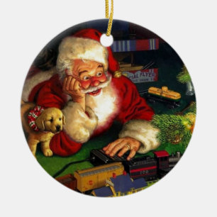 Jultomten med valp julgransprydnad keramik