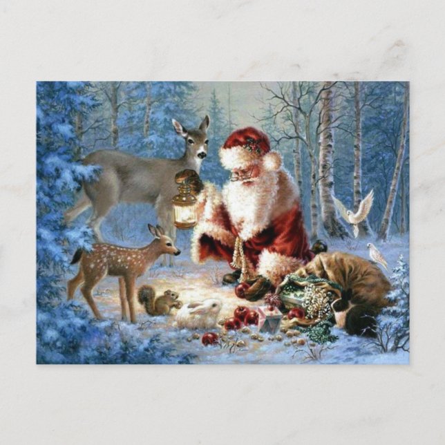 Jultomten med vilda djur helg vykort (Framsida)