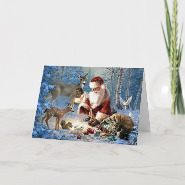 Jultomten med vilda djur helgkort (Framsida)