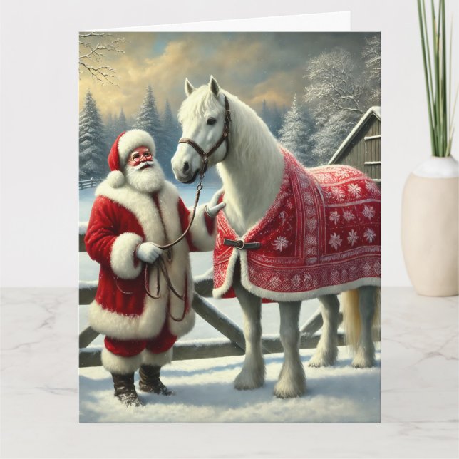 Jultomten med White Horse på Snowy Farm Kort (Framsida)