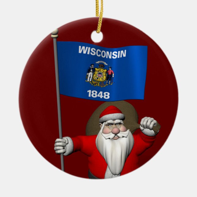 Jultomten med Wisconsin-tecken Julgransprydnad Keramik (Framsidan)