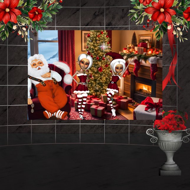 Jultomten och älvar efter arbete poster (Christmas time)