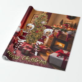 Jultomten och älvar efter arbetet. presentpapper