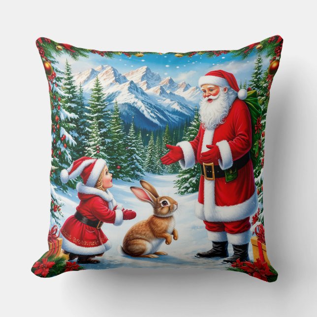 Jultomten och barnmöte en kanin kudde (Framsida)
