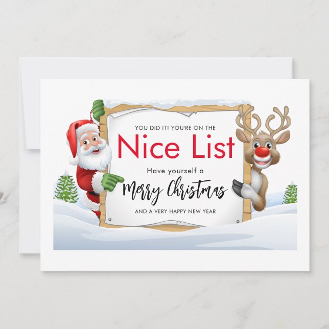 Jultomten och en rödnäsrenslista julkort (Framsida)
