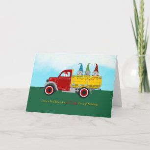 Jultomten och Gnomes i Red and Gult Car Helgkort