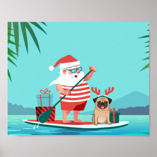 Jultomten och hans pug på en surfboard poster