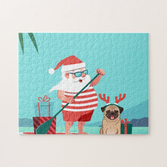 Jultomten och hans pug på en surfboard pussel (Horisontell)