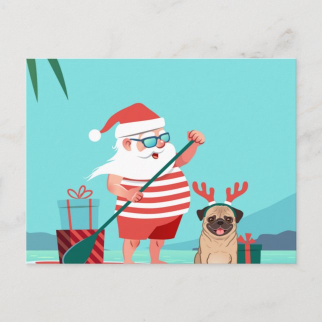 Jultomten och hans pug på en surfboard vykort (Framsida)