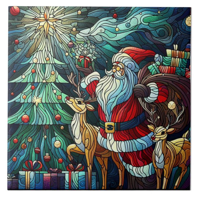 Jultomten och hans renar i form av gåvor kakelplatta (Framsidan)