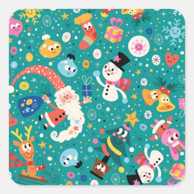 Jultomten och Merry FriendsPattern Fyrkantigt Klistermärke (Framsida)