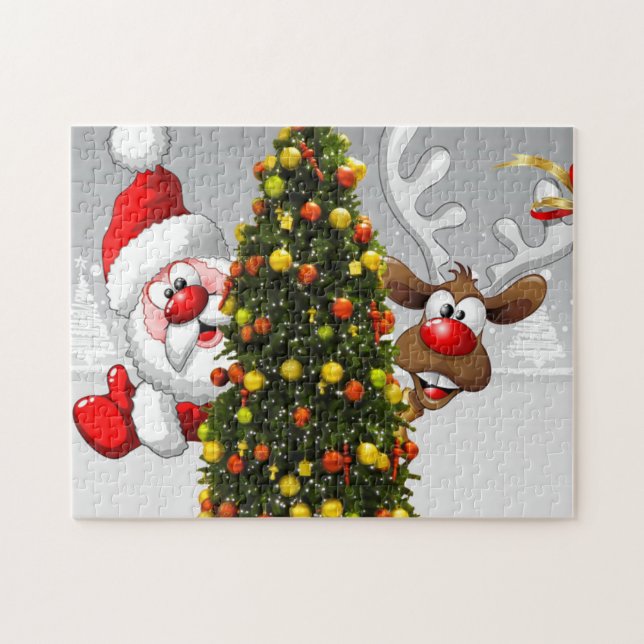 Jultomten och renar bakom julgran.j pussel (Horisontell)