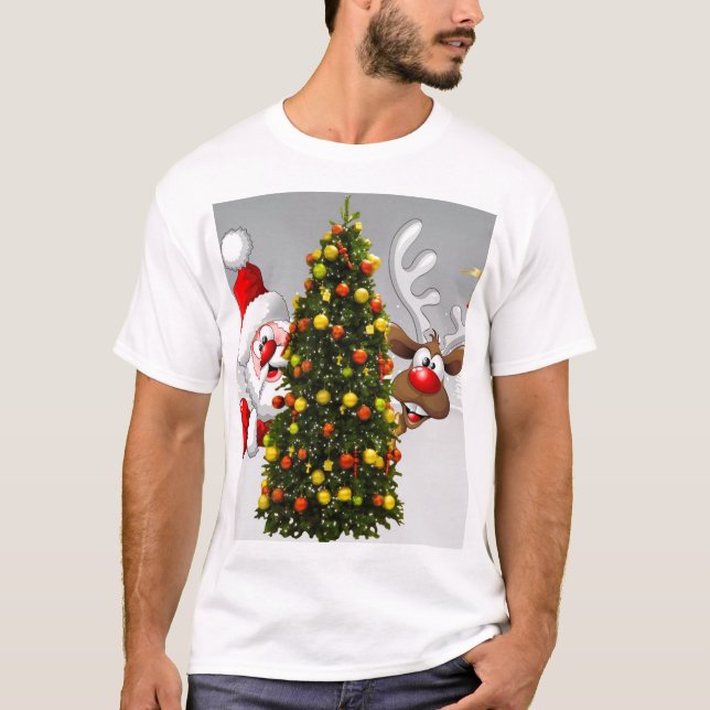 Jultomten och renar bakom julgran.j t shirt (Framsida)