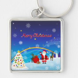 Jultomten och renar fyrkantig silverfärgad nyckelring