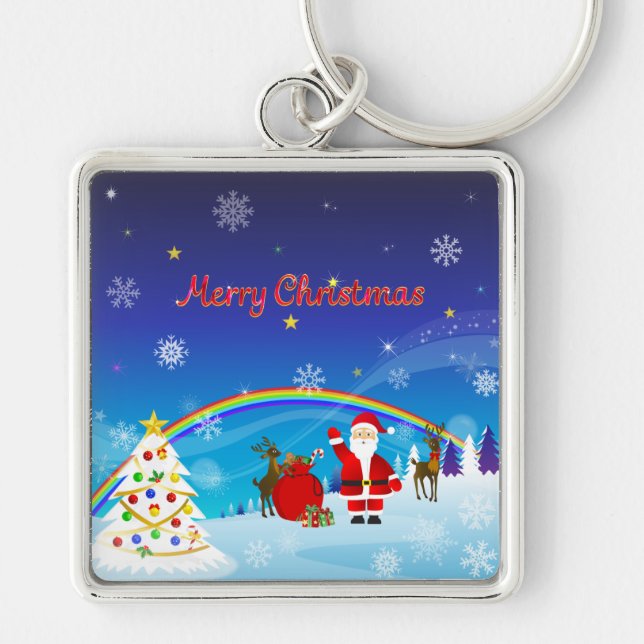 Jultomten och renar fyrkantig silverfärgad nyckelring (Framsidan)