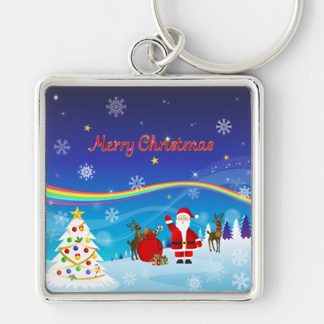 Jultomten och renar fyrkantig silverfärgad nyckelring (Framsidan)