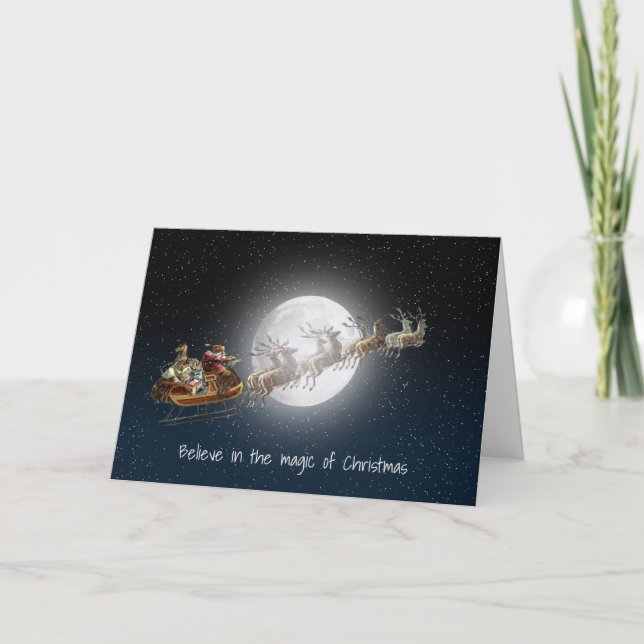 Jultomten och renar i månljus helgkort (Framsida)