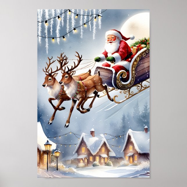 Jultomten och renar Ride Snowy Scene Wall Art Poster (Framsidan)