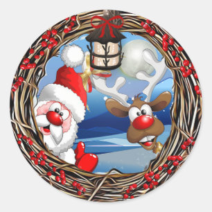 Jultomten och renjul runt klistermärke