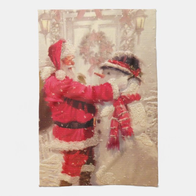 Jultomten och snögubbe i snöfall kökshandduk (Vertikal)