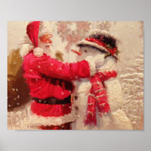 Jultomten och snögubbe i snöfall poster