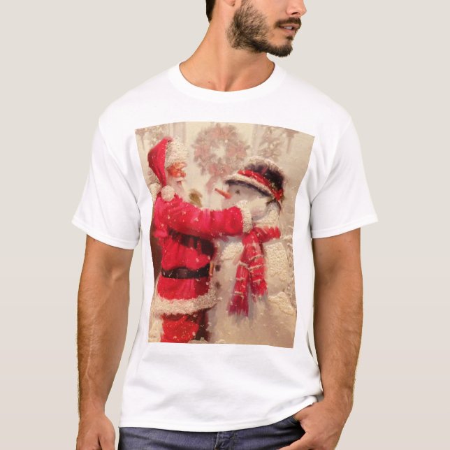 Jultomten och snögubbe i snöfall t shirt (Framsida)