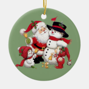 Jultomten- och snögubbebakgrund julgransprydnad keramik
