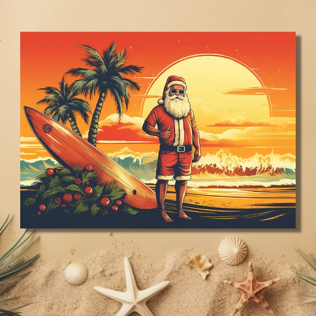jultomten och surfboard Retro Surfing Beach Helgkort (Front - Santa and Surfboard Retro Surfing Beach Christmas Holiday Card)