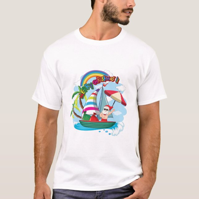 Jultomten på båten på sommartemat. t shirt (Framsida)