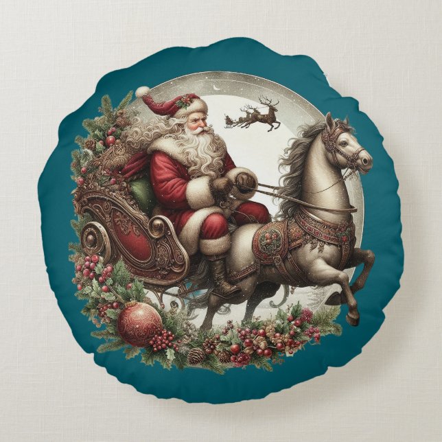 Jultomten på en sjö och en häst rund kudde (Baksidan)