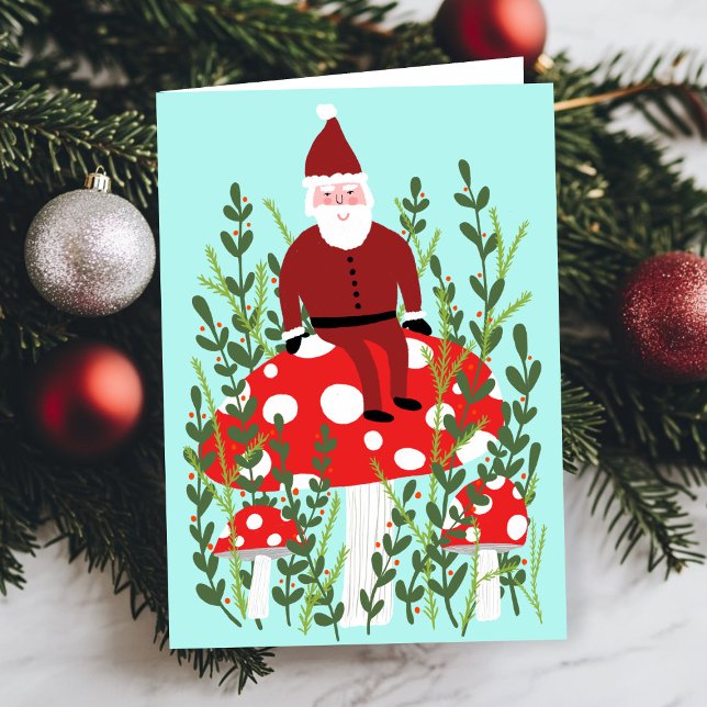 Jultomten på Magic Mushroom ANPASSNINGSBAR JULAFTO Kort (Santa Claus on Magical Mushroom CUSTOM XMAS Card
)