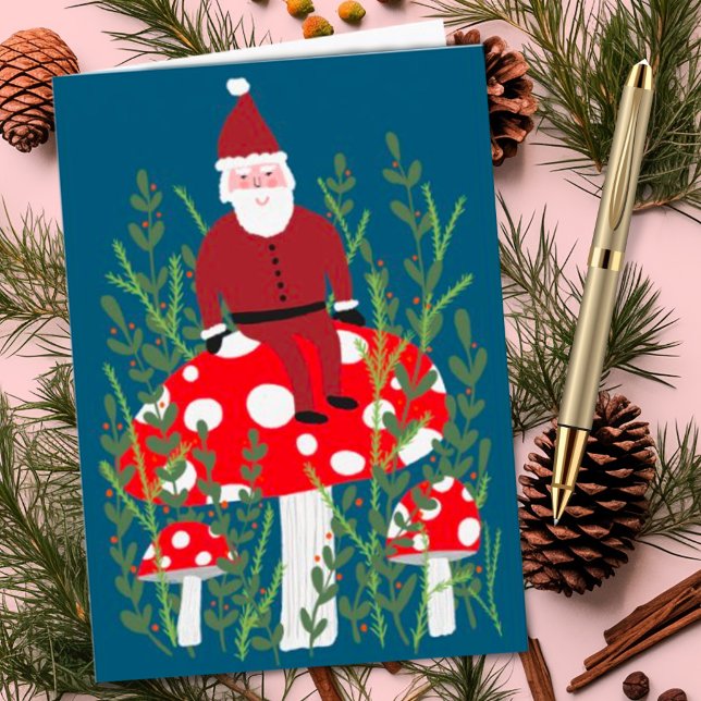 Jultomten på Magic Mushroom ANPASSNINGSBAR JULAFTO Kort (Cute fun Santa elf sitting on a mushroom, cheerful holiday Christmas card)