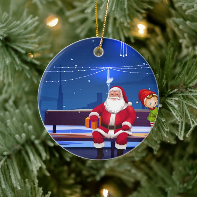 Jultomten på parkbänk julgransprydnad keramik (Träd)